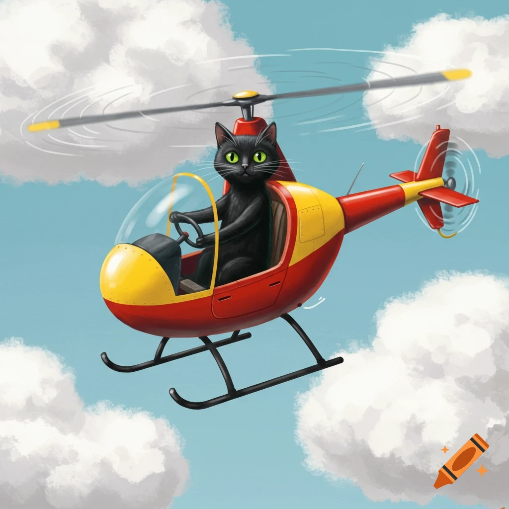 A black cat pilots a red and yellow helicopter through a cloudy blue sky.