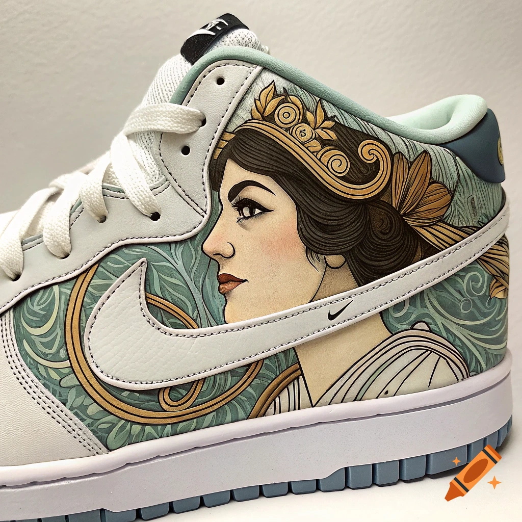 Close-up of a white Nike Dunk custom sneaker with Art Nouveau artwork of a woman's head.