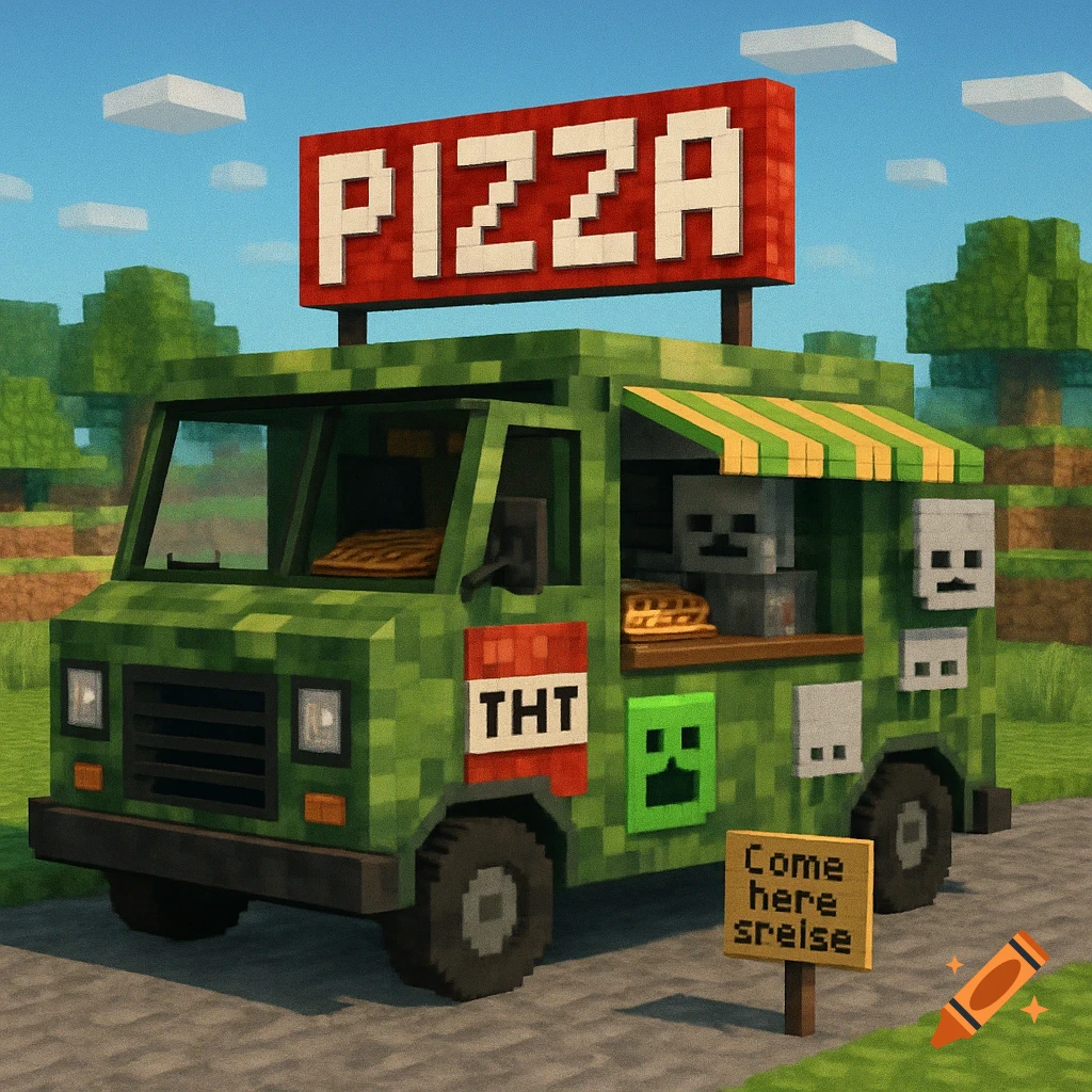 A blocky, Minecraft-style image of a green food truck selling pizza, decorated with TNT and mob heads, in a grassy landscape.