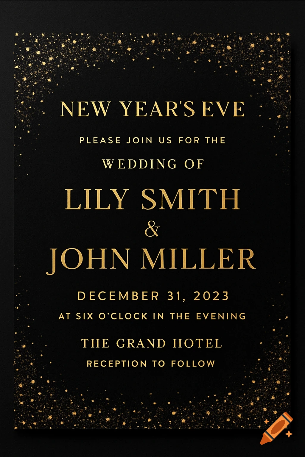 Black and gold New Year's Eve wedding invitation with event details.