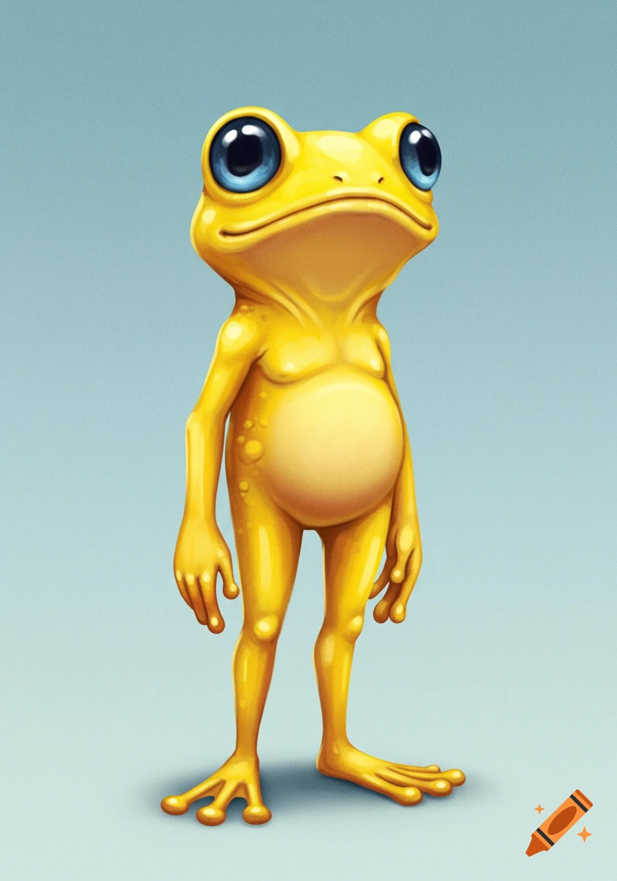 A yellow frog with a human-like body stands against a blue background.