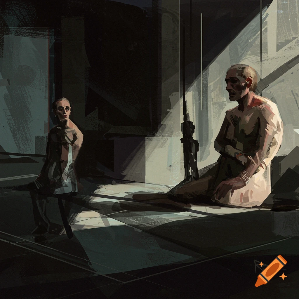 Painterly image of two figures sitting in a dark, abstract room with strong light and shadow.