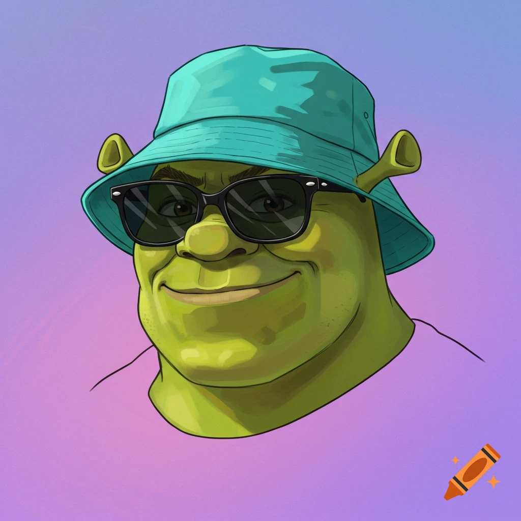 Illustration of Shrek wearing a teal bucket hat and sunglasses.