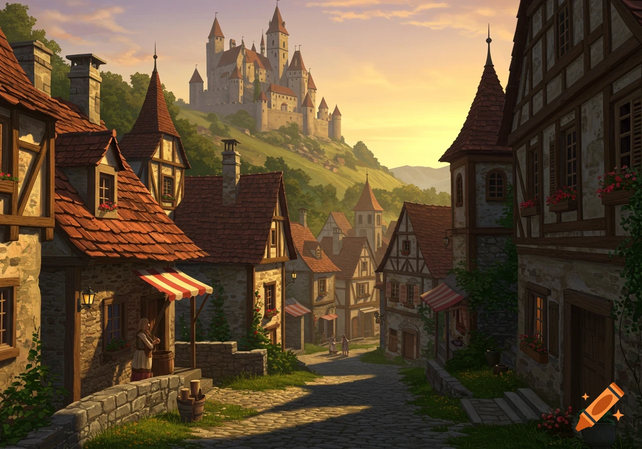 A village street winds uphill towards a grand castle on a hill against a sunset sky. Illustration style.