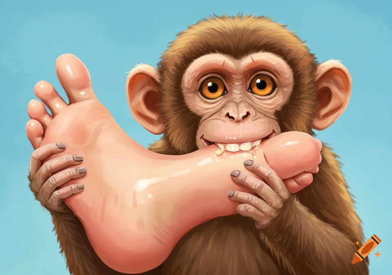 Cartoon monkey holding and biting a human foot
