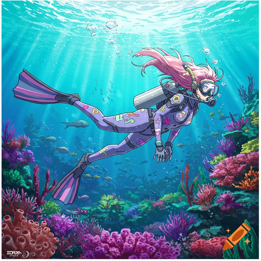 Anime illustration of a person with pink hair in a purple scuba suit diving underwater among colorful coral reefs and fish.