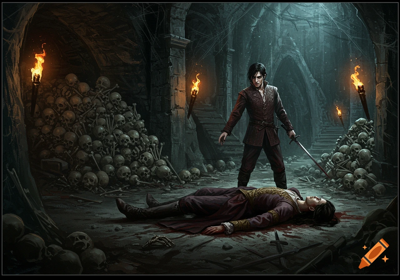A man with a sword stands over a slain person in a dark underground chamber filled with piles of skulls and bones.