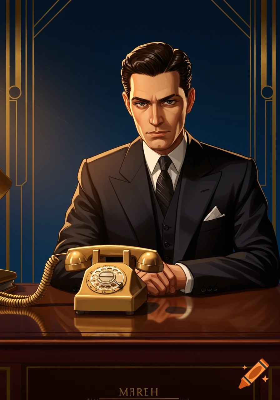 An art deco style portrait of a man in a suit sitting at a desk with a rotary phone.