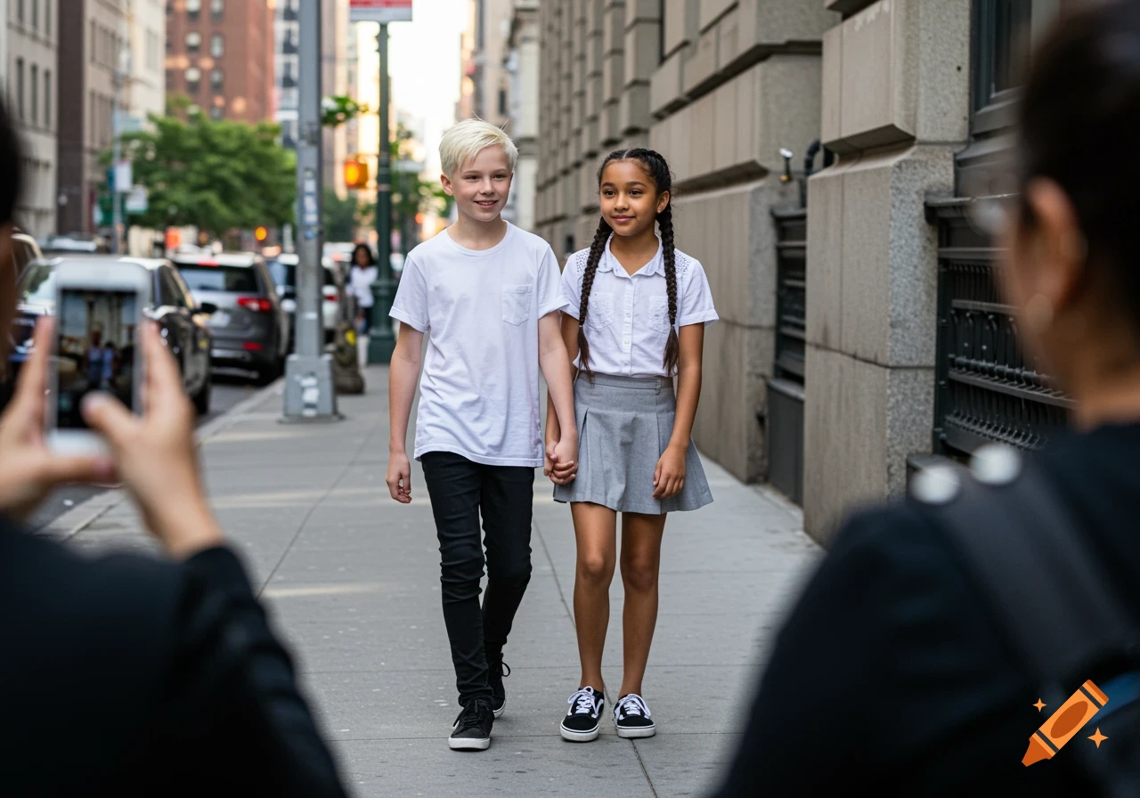 A boy and a girl walk hand in hand down a city sidewalk, smiling, while someone takes their picture.