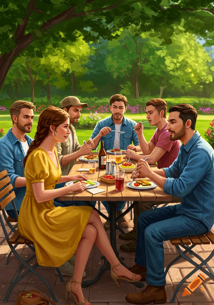 A group of six people eating lunch at a table outdoors in a park.