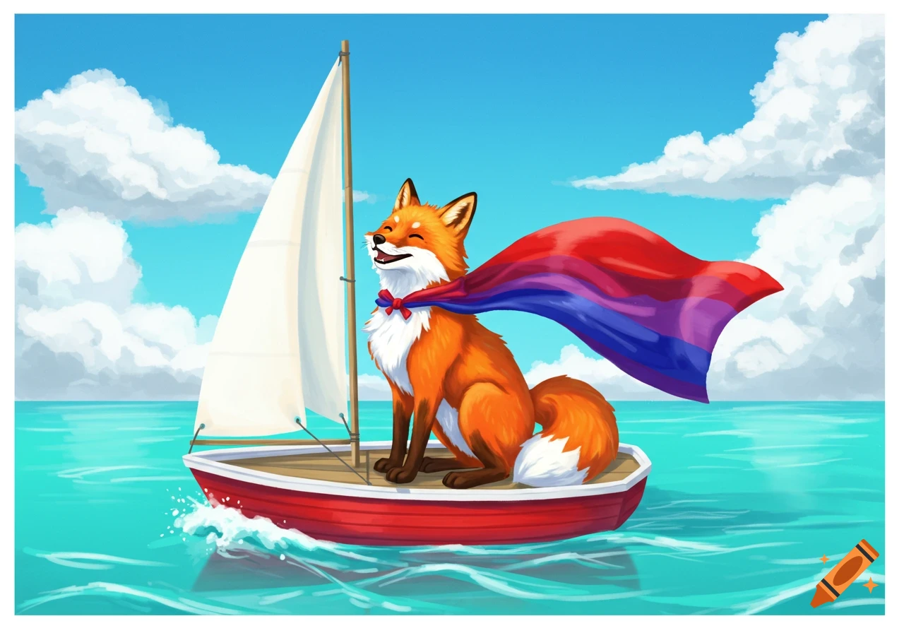 A smiling cartoon fox wearing a bi pride cape sails on a red boat on a bright blue ocean.