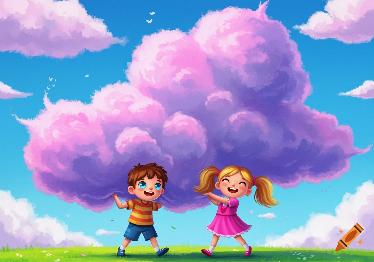 Two happy kids play with a giant pink cloud in a grassy field. Illustration.