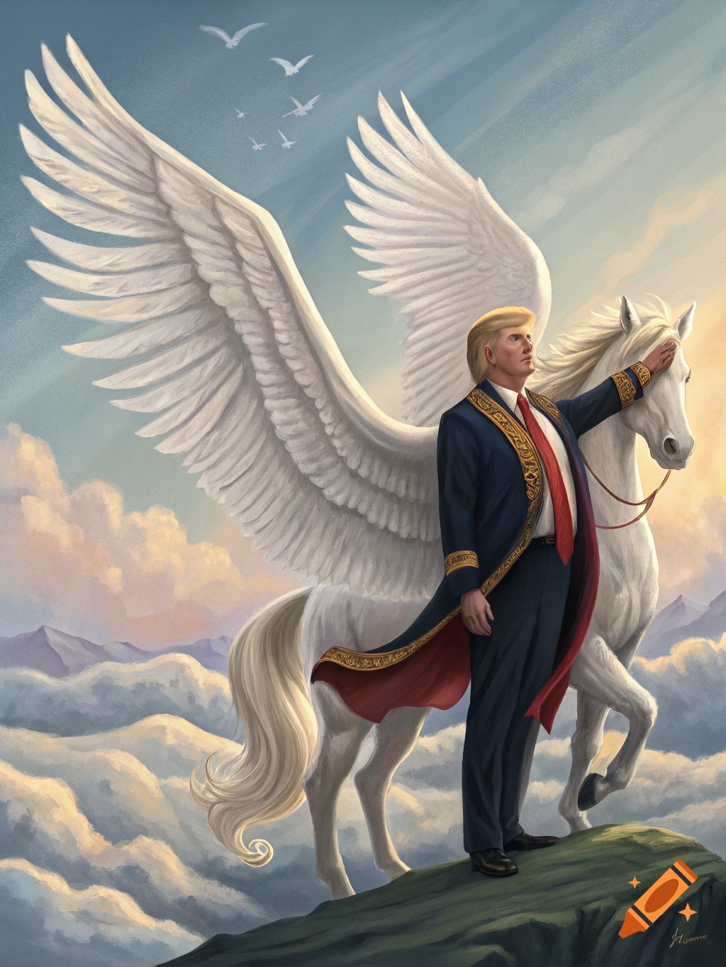 Painting of Donald Trump standing with a Pegasus on a mountain above clouds.
