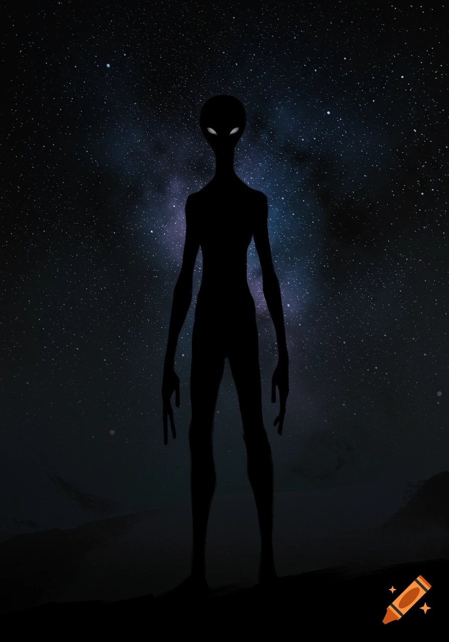 Shadowy silhouette of a tall alien humanoid figure standing under a starry night sky with a nebula.
