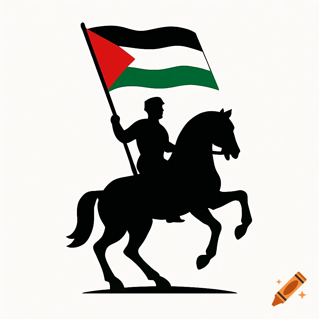 Black silhouette of a man on a horse holding a Palestinian flag.