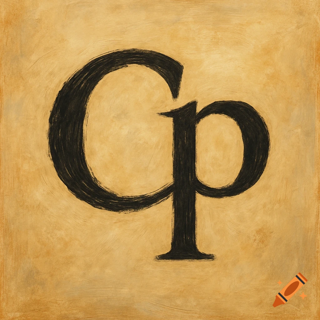 A black brushstroke style monogram of a capital C connected to a lowercase p on a textured beige background.