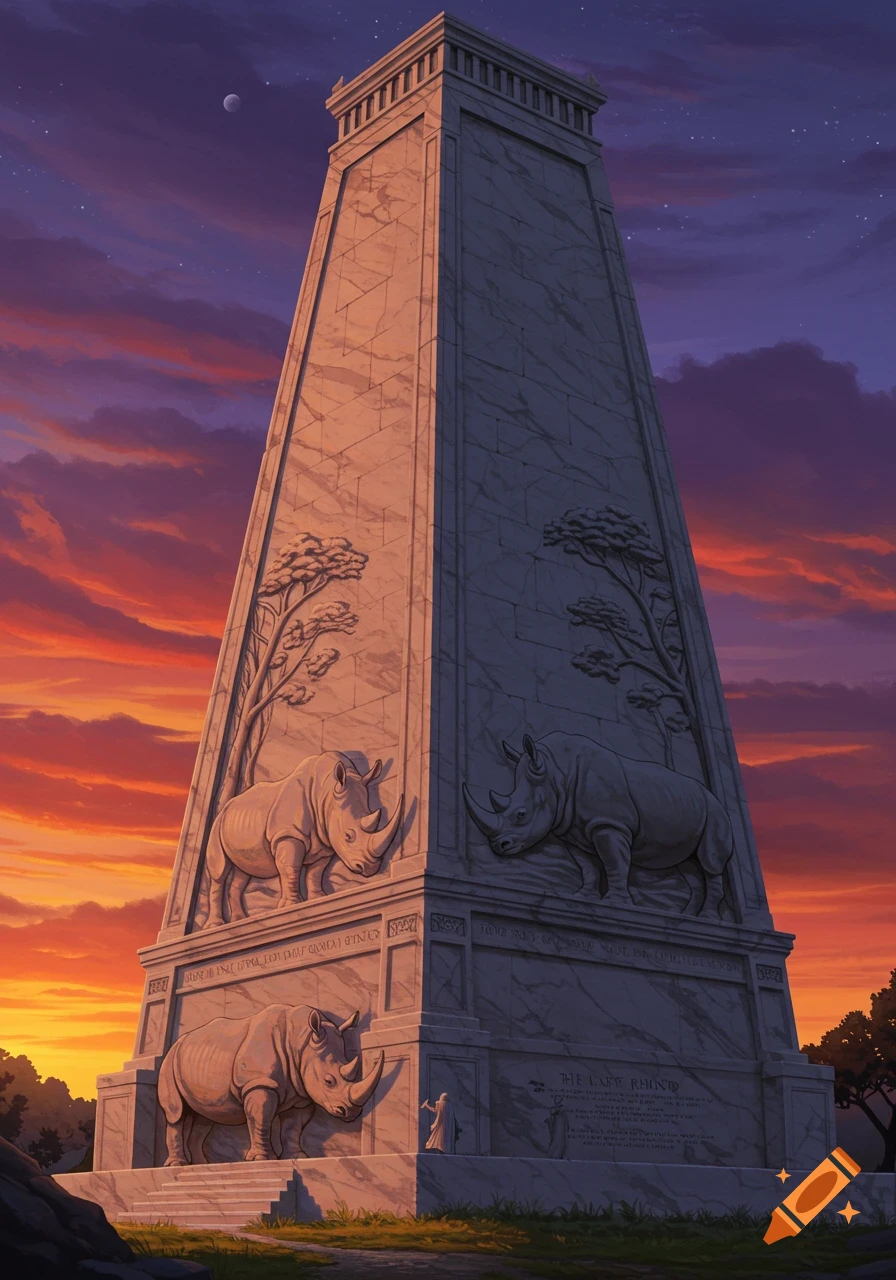 A large stone monument with rhino reliefs against an orange and purple ...