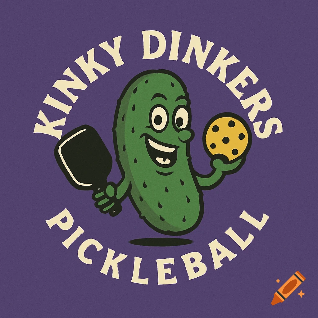 Cartoon pickle character holding a pickleball paddle and ball, text "KINKY DINKERS PICKLEBALL" around it, on a purple background.