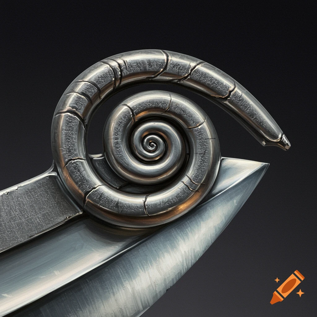 A close-up of a metallic spiral object attached to the tip of a blade, against a dark background.