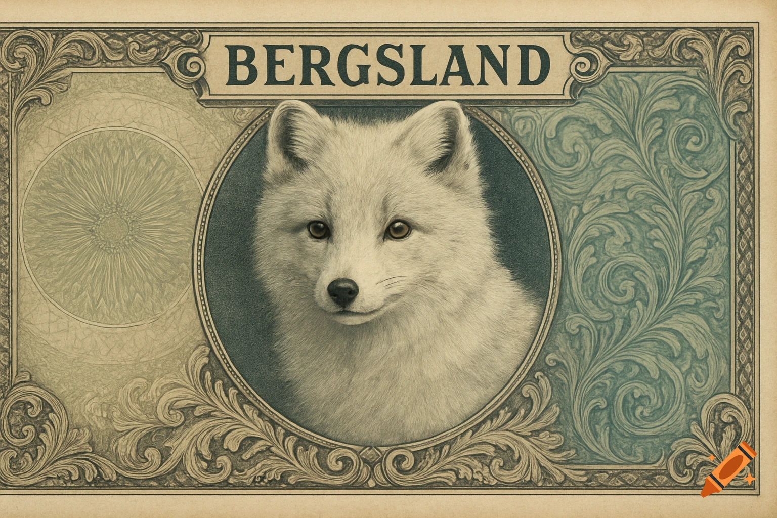 A fictional currency bill featuring a portrait of an arctic fox and the name Bergsland.