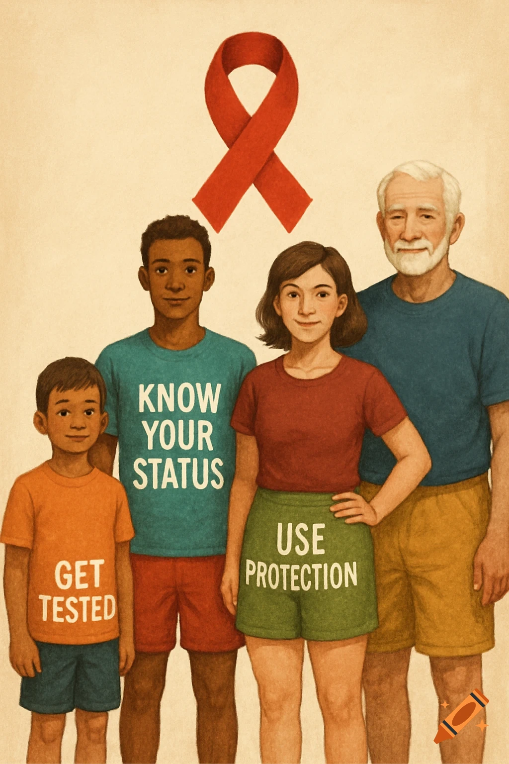 An illustration of four people of different ages standing under a red ribbon, with text on their clothing: GET TESTED, KNOW YOUR STATUS, and USE PROTECTION.
