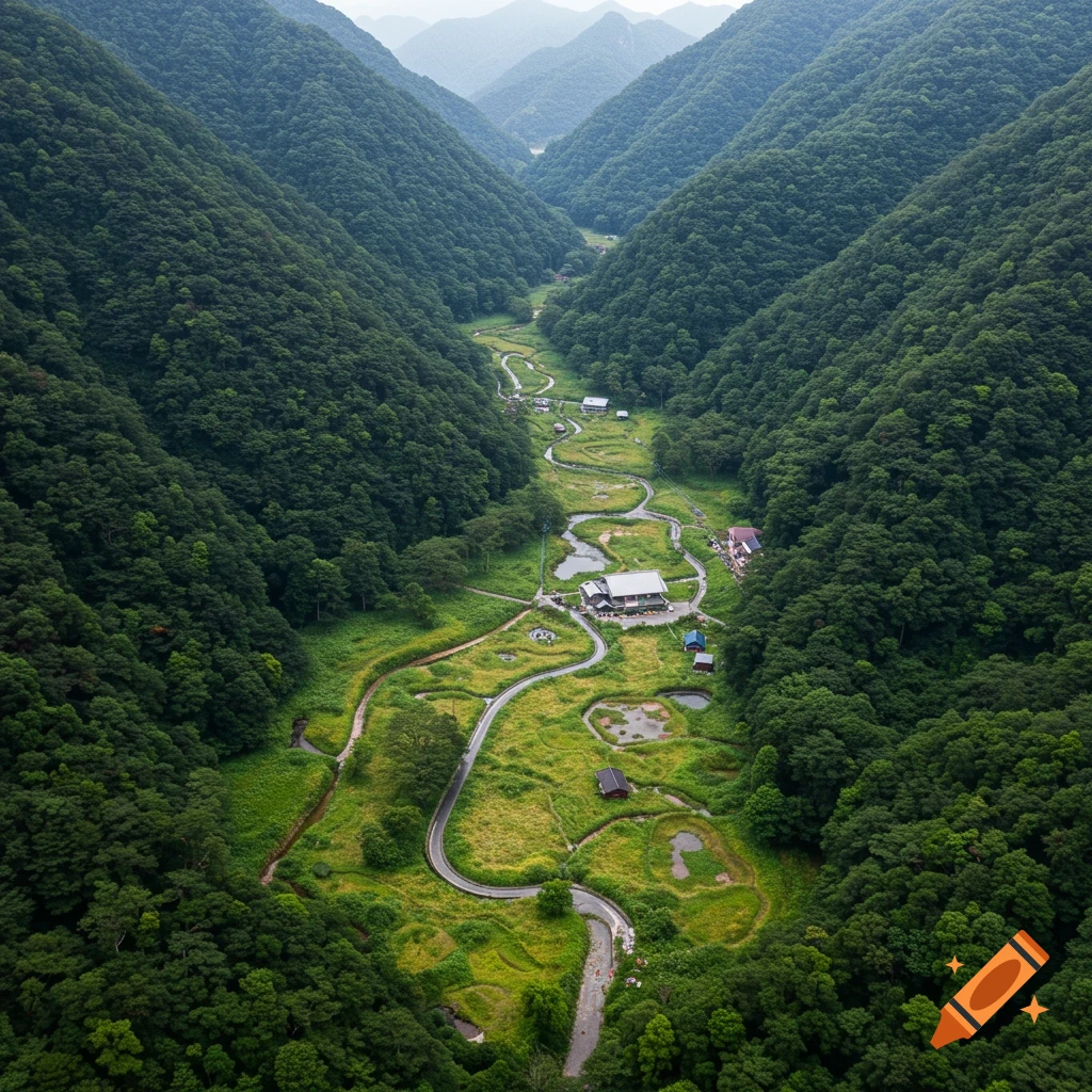 Aerial view of a lush green valley with a winding river and road, scattered buildings, and tree-covered mountains.