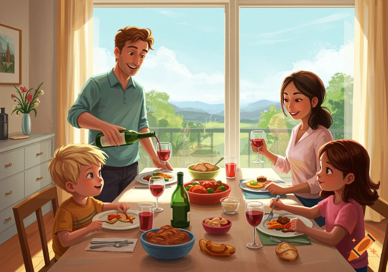 Illustration of a family of four having dinner at a table by a window with a scenic view.