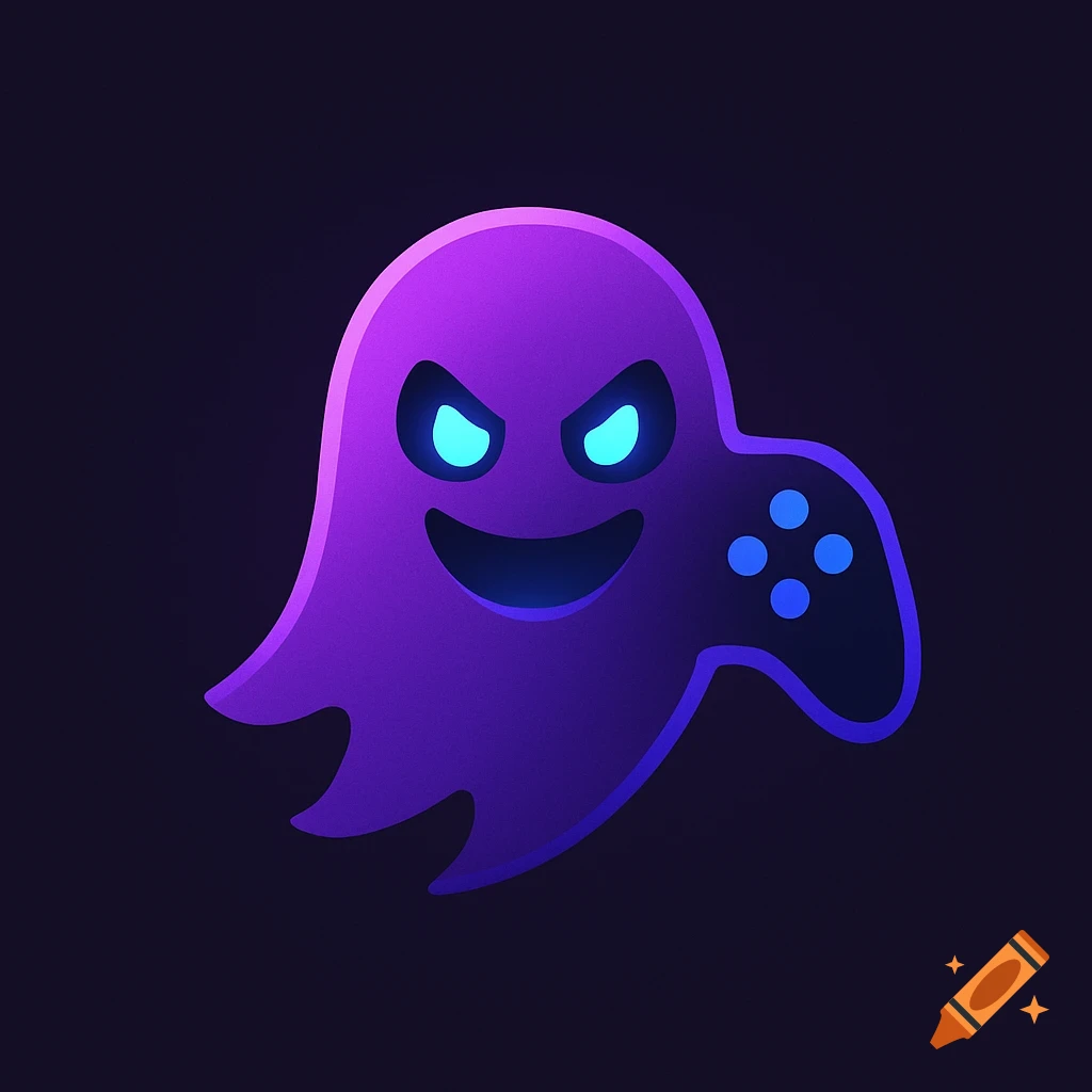 Purple ghost icon with blue glowing eyes and mouth, shaped like a ghost holding a gaming controller, on a dark background.