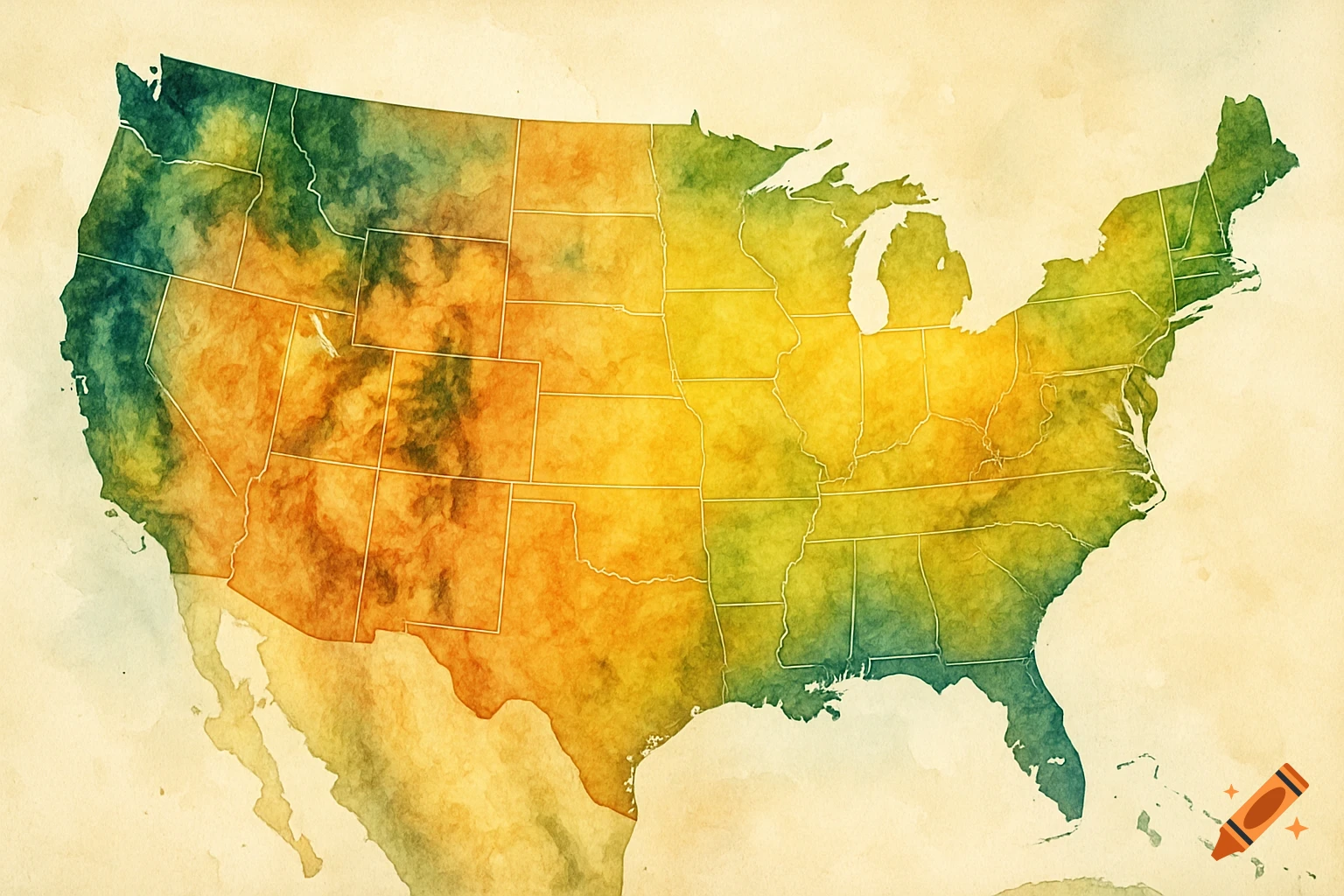 Watercolor map of the United States with colorful shading