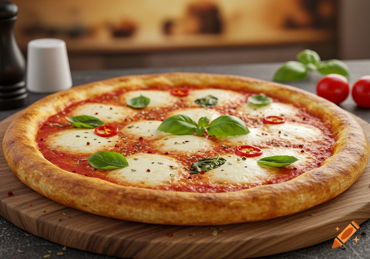 A margherita pizza on a wooden board.