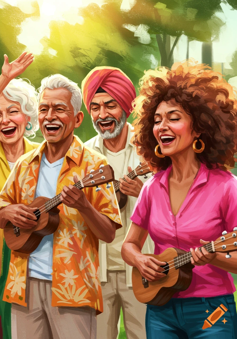 Happy seniors playing ukuleles outdoors, vibrant illustration