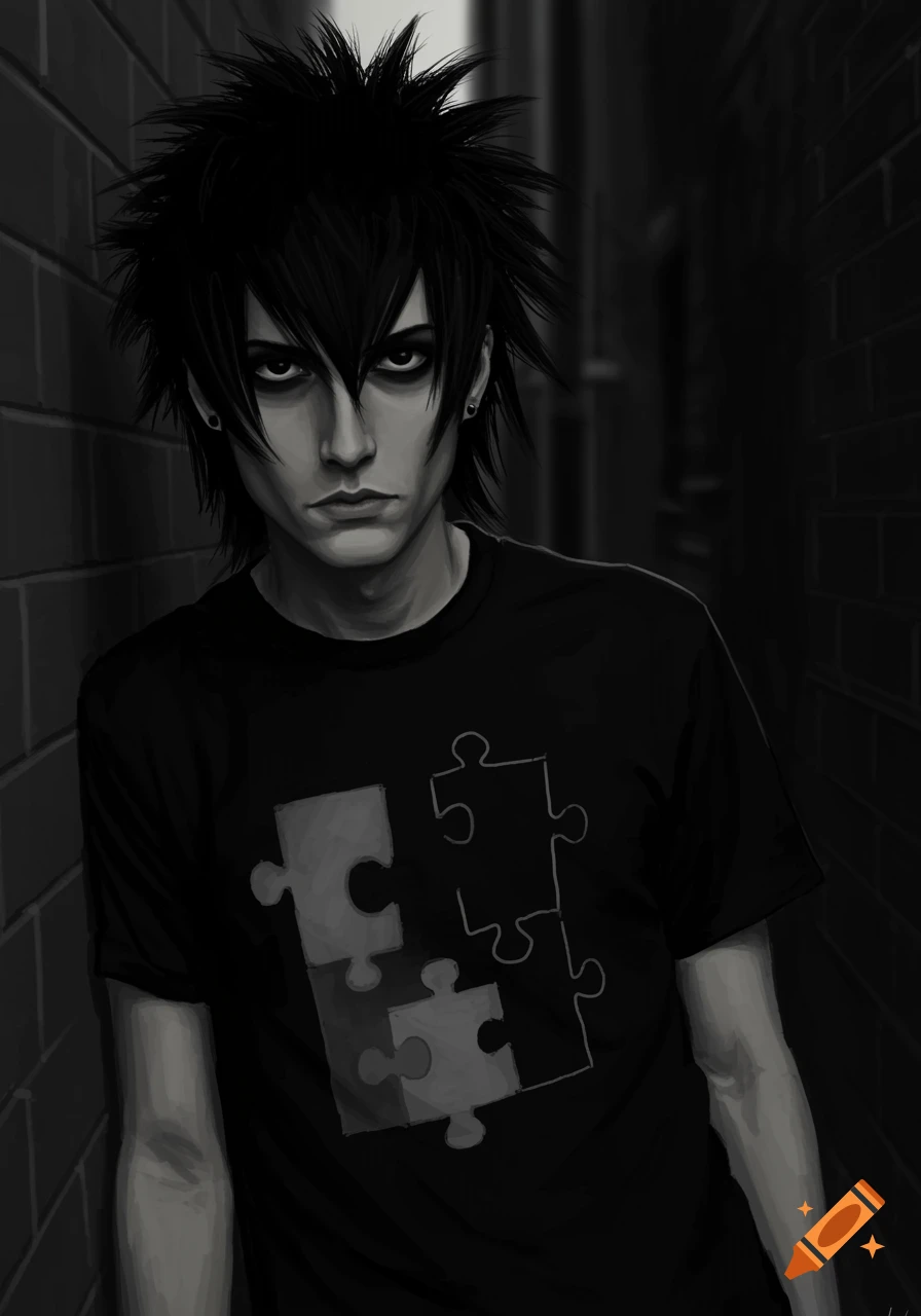 Black and white digital painting of an emo person with spiky hair and makeup wearing a t-shirt with puzzle pieces, standing in an alley.