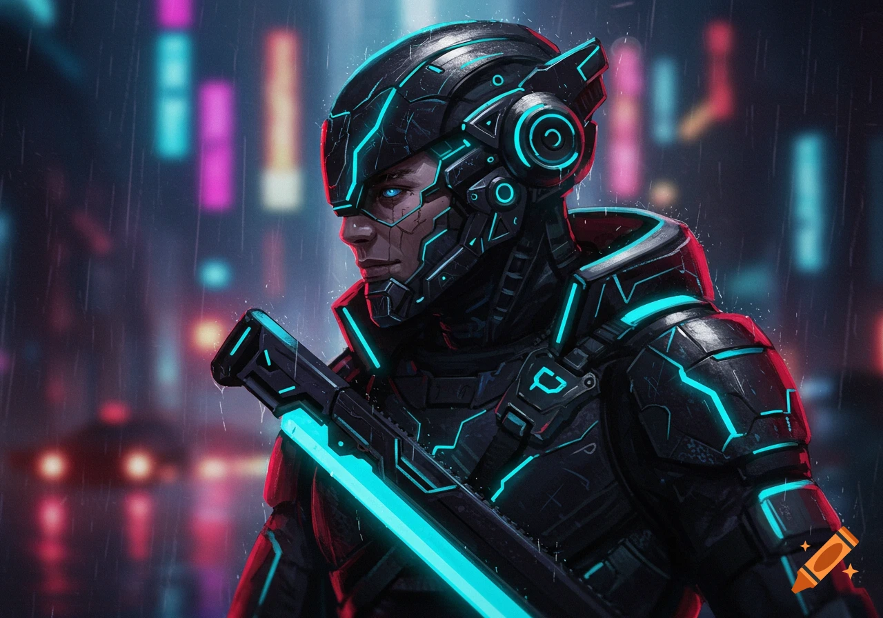 A futuristic cyborg soldier in a rainy cyberpunk city.