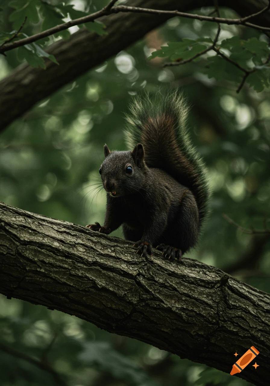 A black squirrel perches on a tree branch in a forest.