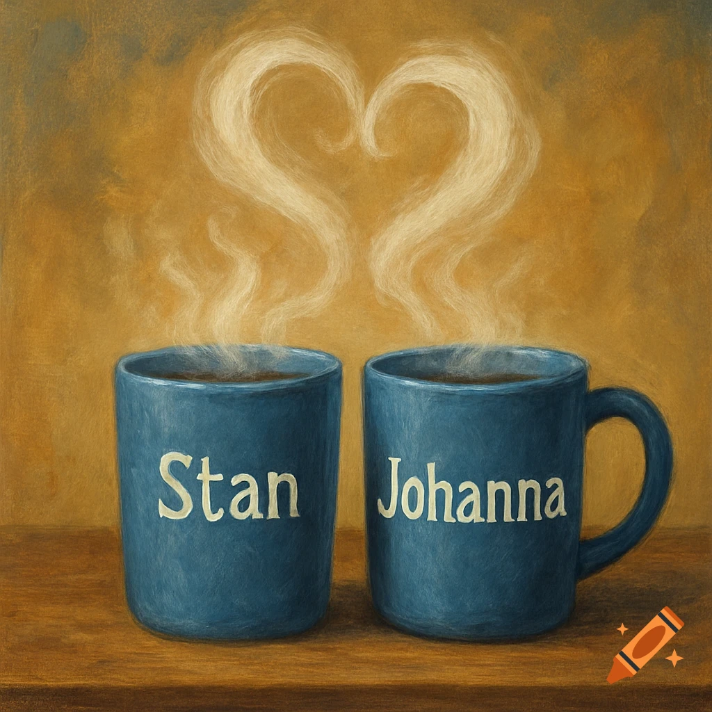 Two blue coffee mugs with names 'Stan' and 'Johanna', steam forms a heart shape, painterly style