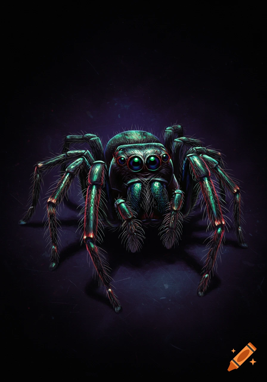 Detailed illustration of a spider with colorful highlights on a dark background.