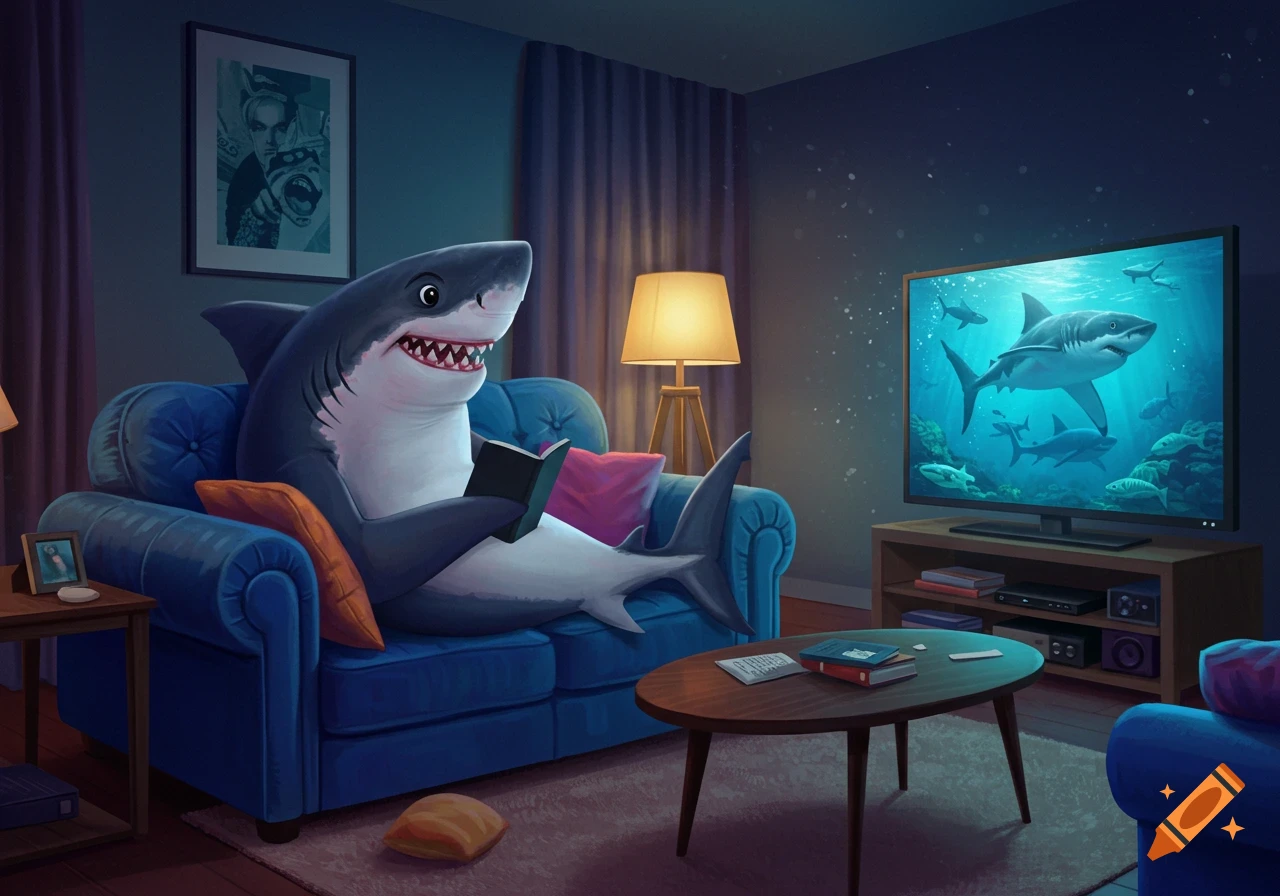 Cartoon shark sitting on a blue sofa, reading a book while watching a TV screen showing other sharks.