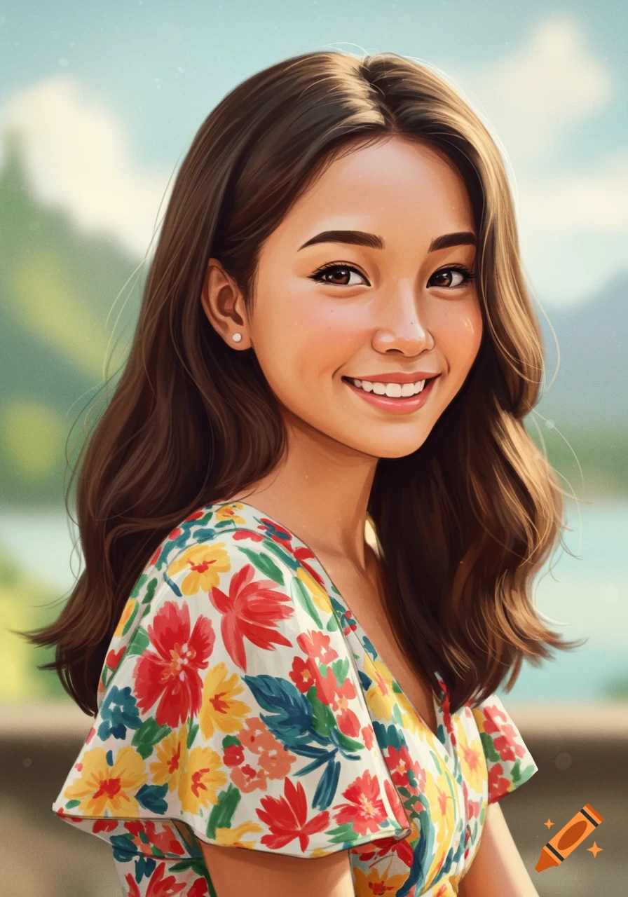 Stylized portrait of a smiling young woman in a floral dress outdoors ...