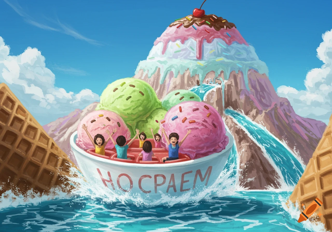 Cartoon illustration of people in an ice cream bowl raft going down an ice cream mountain water slide.