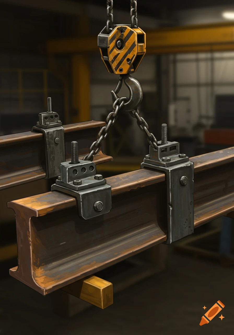 A crane hook lifts two metal beams with clamps and chains in an industrial setting.