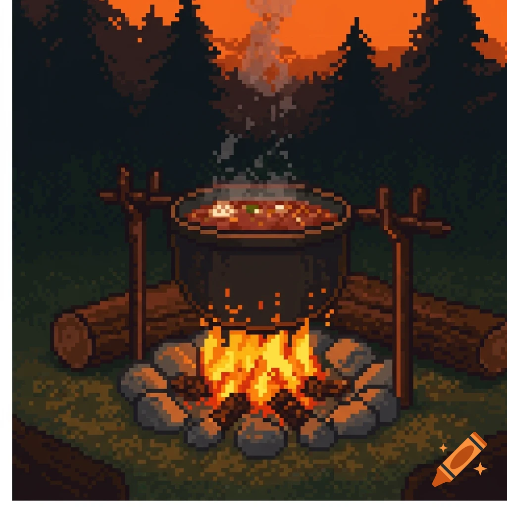 Pixel art illustration of a pot cooking over a campfire with logs and rocks, set against a forest and orange sky.