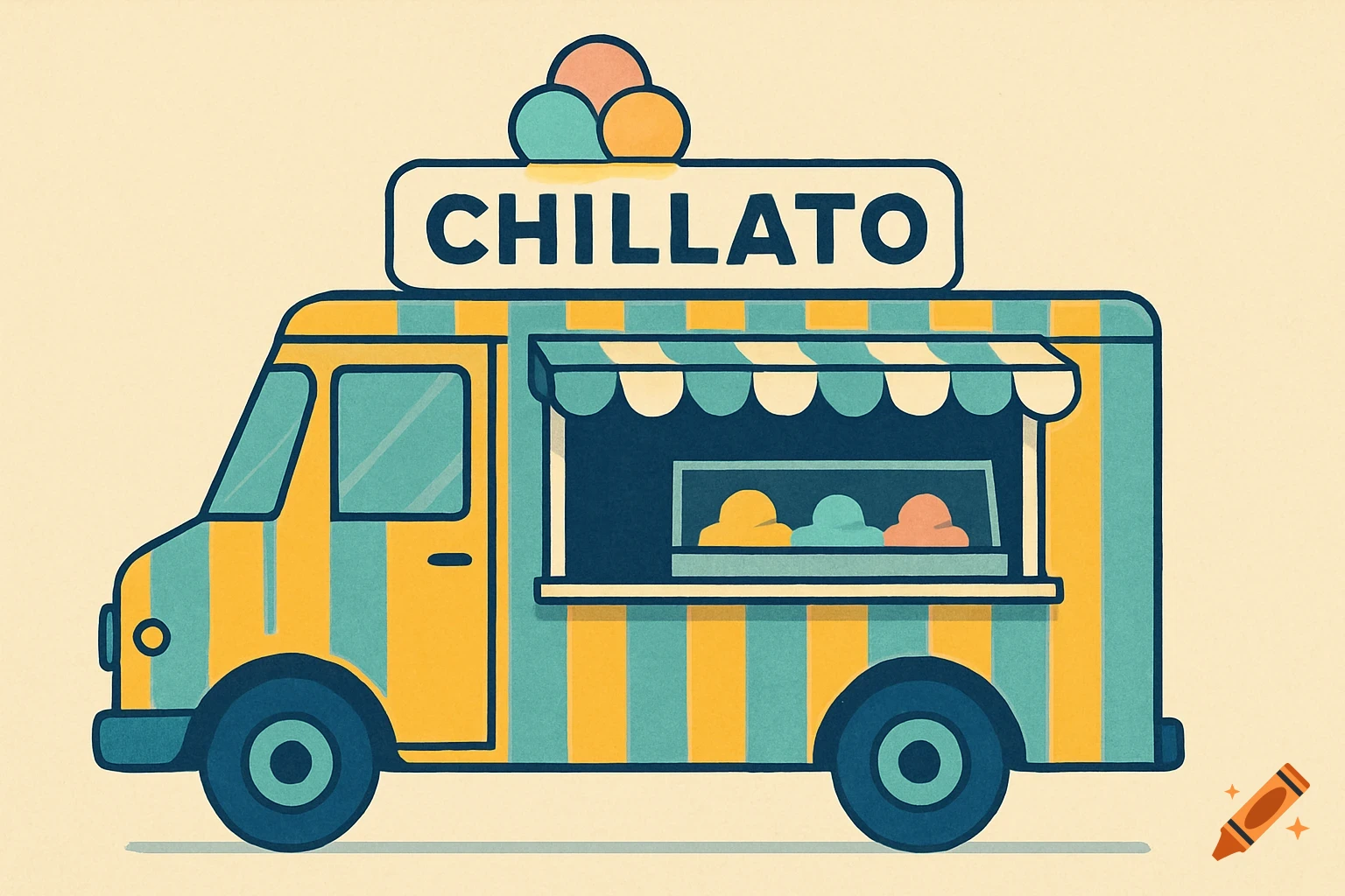 A 2D illustration of a yellow and blue striped food truck with a sign that says Chillato.