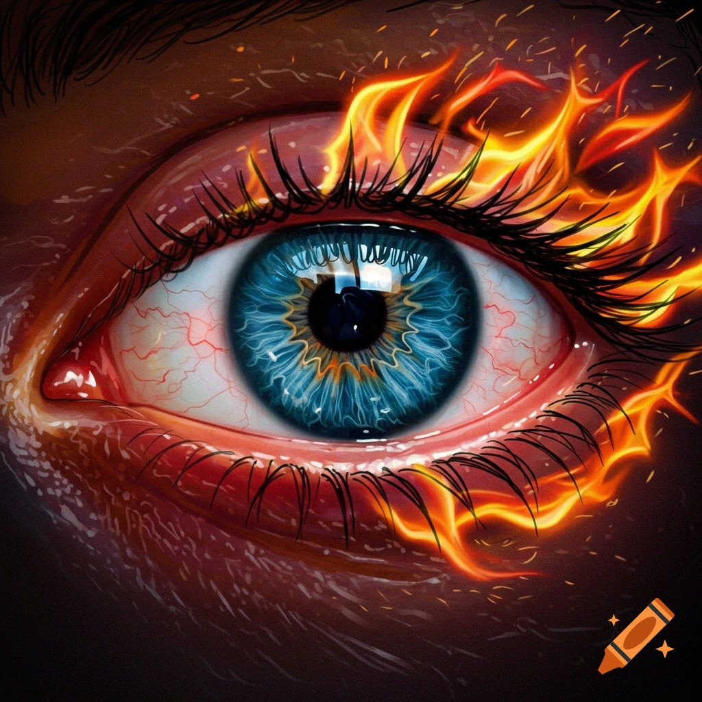 A close-up illustration of a blue eye surrounded by flames.