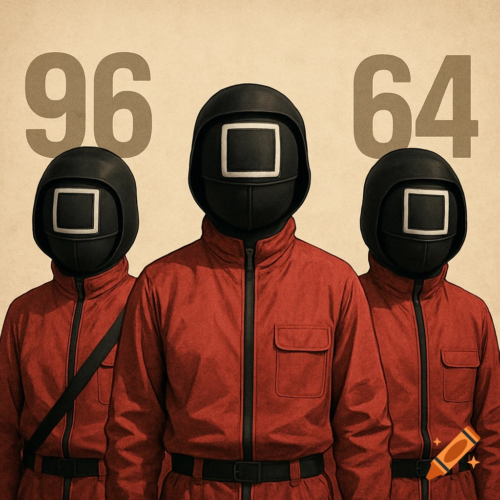 Three figures in red suits and black masks stand with large numbers 96 and 64 behind them.