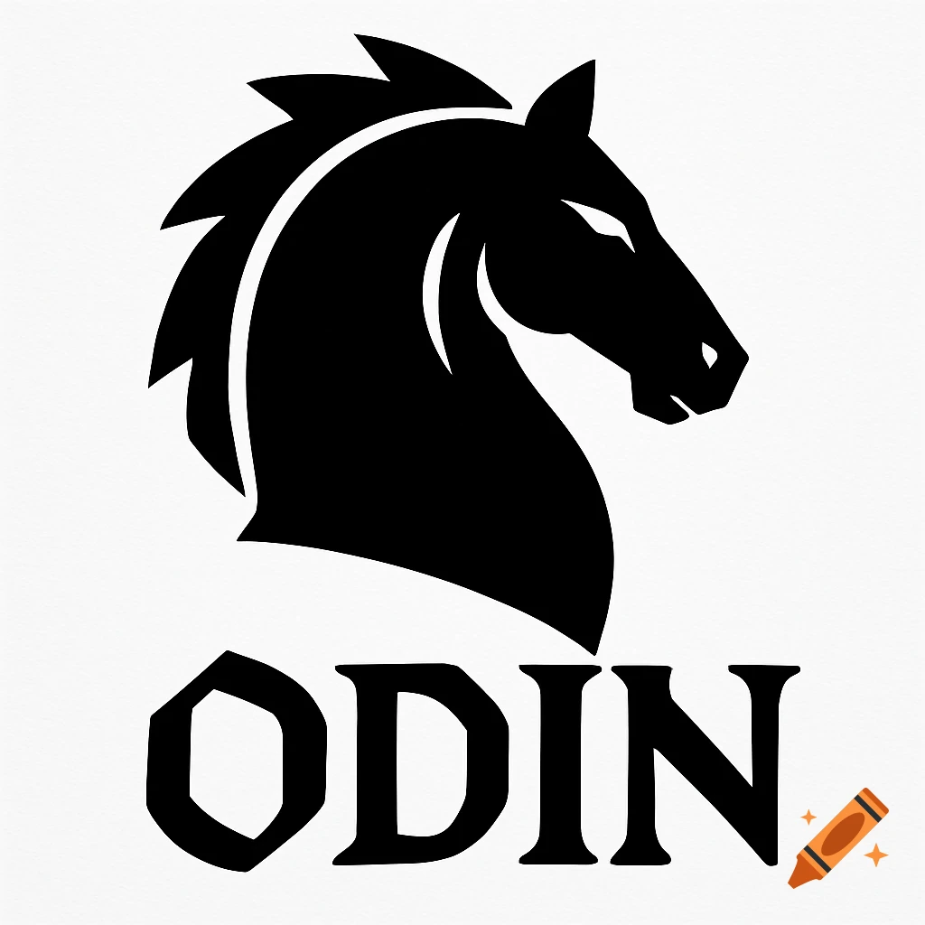Black silhouette of a horse head above the word ODIN on a white background.