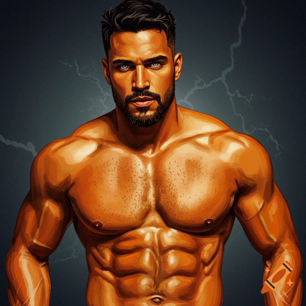 Illustrative depiction of a muscular, bare-chested man with intense eyes and lightning effects in the background.