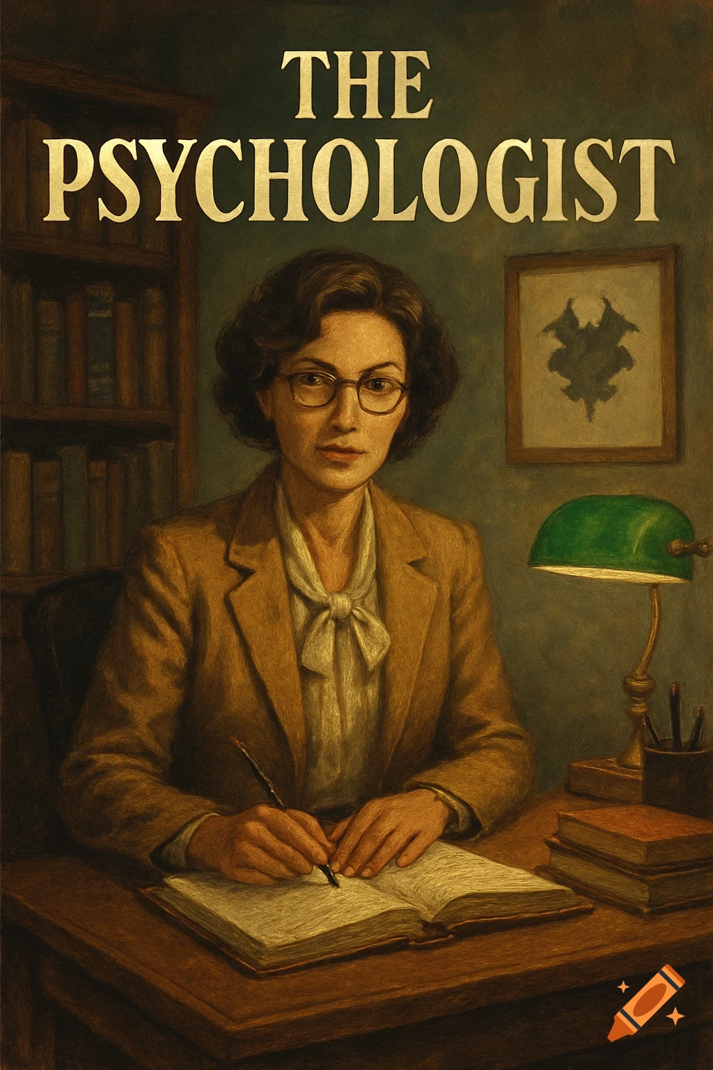Illustration of a woman psychologist sitting at a desk with books, writing in a journal, text reads 'THE PSYCHOLOGIST'.