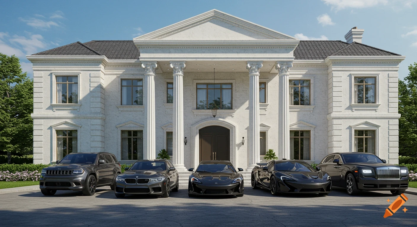 A large white neoclassical mansion with pillars and a porte-cochere has five black luxury cars parked in front.