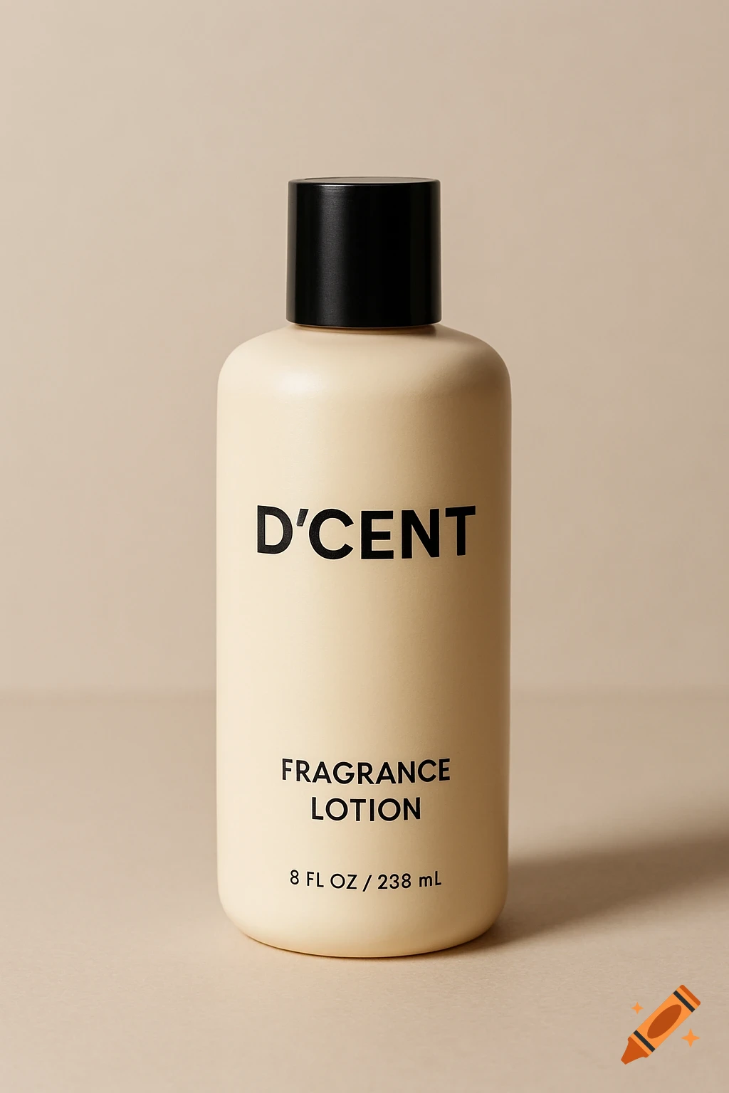 Close-up product photo of a bottle of D'CENT fragrance lotion.