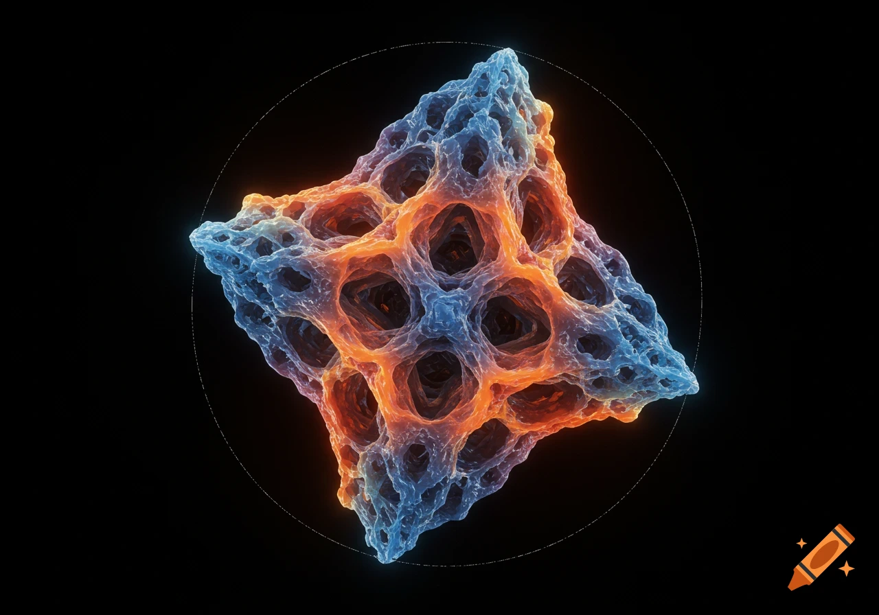 An intricate, porous, abstract shape glowing with orange and blue light, centered on a black background.